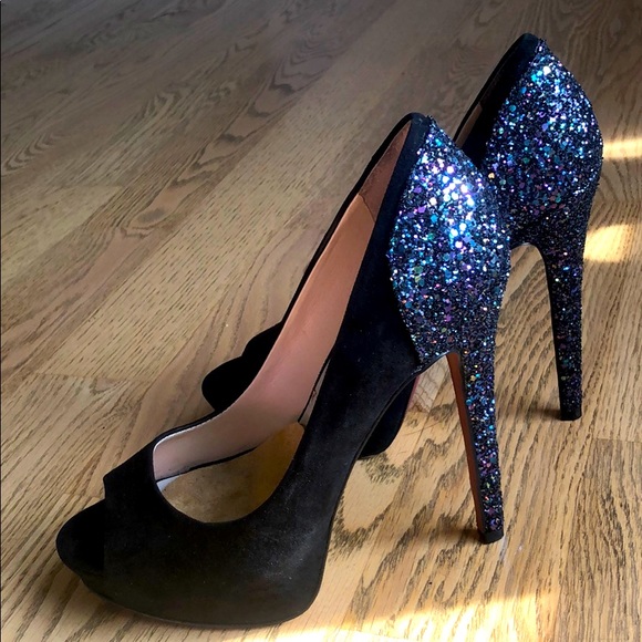 Black suede sparkle Christmas peeptoe platform women high heel stiletto dress - Picture 10 of 11